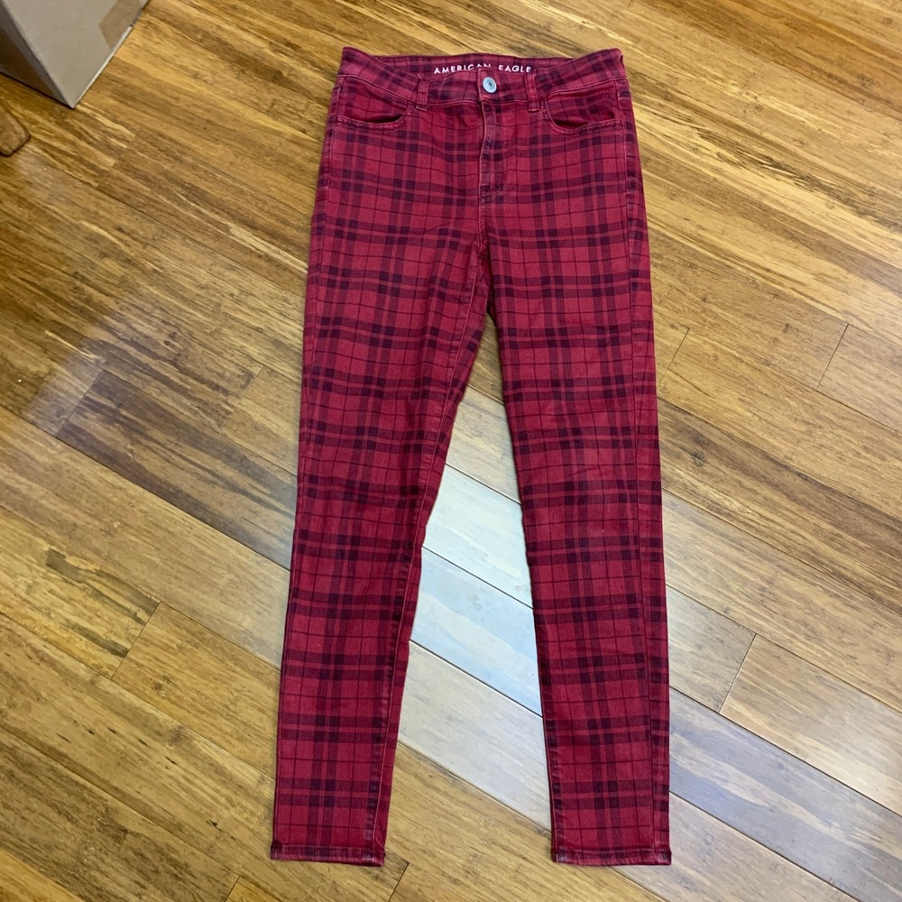American Eagle Red Black Plaid Hi‎ Rise Jegging Pants Jeans Women's Size 4 Short